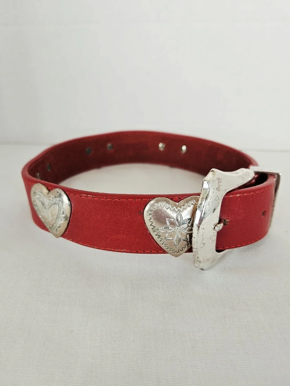 Brighton Red Leather Heart Studded Dog Collar Silver Plated Small 21